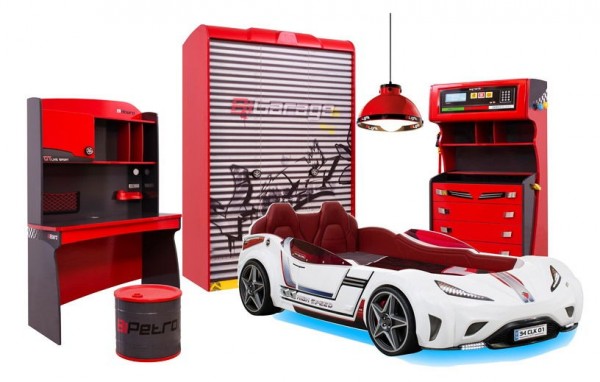 Komplett Autobettzimmer RACER 7-teilig in rot mit GTS Autobett weiß