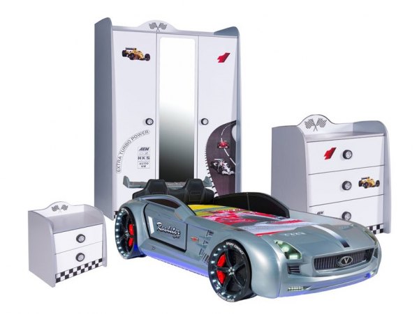 SPAR-SET Autobettzimmer weiß mit Roadster silber, 4-teilig