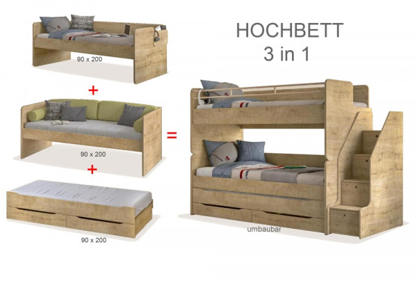 Umbaubares Multifunktion Kinder Hochbett STUDIO natur mit Gästebett und Schubkasten
