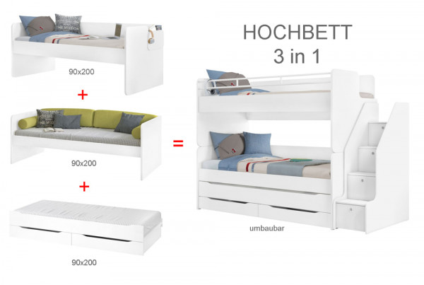 Kinderhochbett mit Schubladentreppe STUDIO weiß 90x200cm mit 2 Betten, Gästebett mit Schubladen, umb