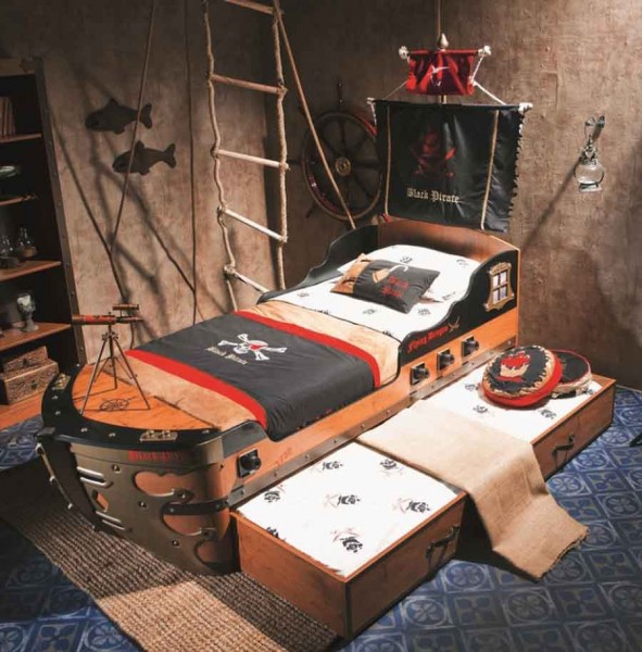 Pirat Schiffbett Black Pirate mit Gästebett, Fahne und Mast
