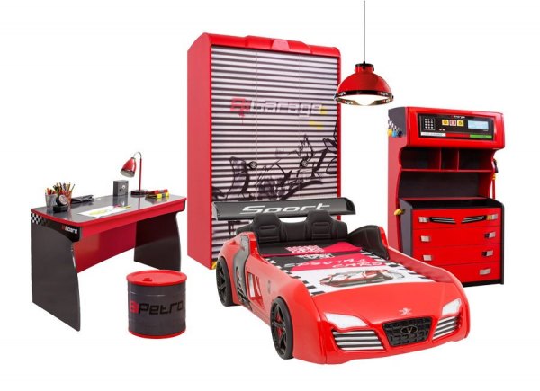 Komplettes Autobettzimmer RACER 5-teilig mit Turbo V8 Sport rot