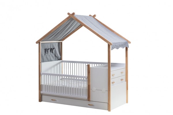 mitwachsendes Babybett BABYHOUSE 3-teilig mit weiß buche massiv und Bettschubkasten