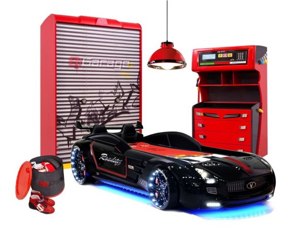Komplett Autobettzimmer RACER ROT 5-teilig mit Roadster Sport Autobett, schwarz