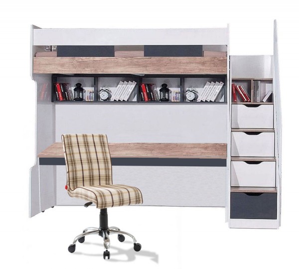 Hochbett 90x200 COMPACT K7 mit Schreibtisch, Schubladentreppe, 2 Regale